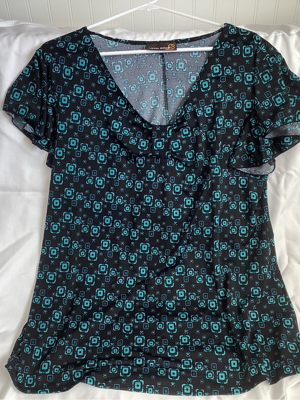 Level 8 Black Blouse with Teal Geometric Print and V-Neck